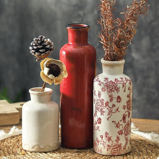 Vintage Vase Set of 3, Ceramic Vintage Flower Vases, Chinoiserie Decorative Home Decor Retro Floral Vase Rustic Farmhouse Decor for Table Bookshelf Mantel Kitchen Living Room Office - Red and White