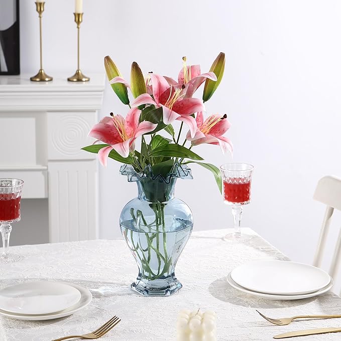 Large Glass Vase, Blue Vase for Flowers, Flower Vases for Bouquet, Glass Flower Vases for Living Room, Dining Table, Shelf, Wedding, Office, Coffee Table, 9.5 Inches