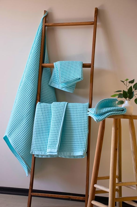 PÜSKÜL - Premium Waffle Towel Set 4 Pieces Turquoise - Organic 100% Turkish Cotton Quick-Dry Towels for Bathroom Made in Turkiye (Turquoise, Towel Set - 2 Hand & 2 Bath Towels)