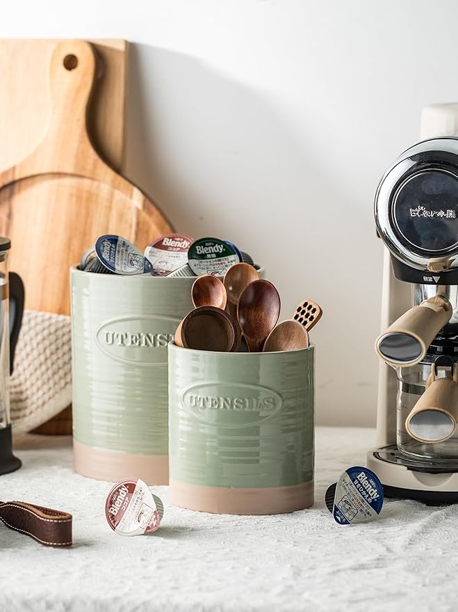 YHOSSEUN Kitchen Utensil Holder, 6.7"+5.1" Ceramic Utensil Holder for Kitchen Counter, Oval Cooking Utensil Crocks for Countertop, Utensil Storage Organizer Set of 2, Green