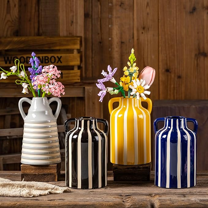 Black and White Vase with Handles, Ceramic Modern Flower Decorative Vases for Home Decor, Mantle, Rustic Table Centerpiece, Large Vases for Decor Living Room, Black Stripes Vase for Bouquet 9.1 in