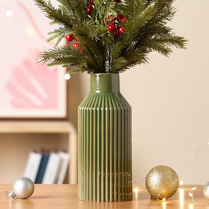 Green Ceramic Flower Vase, Minimalist Home Decoration, 8 Inch Small Pampas Grass Vases for Kitchen, Bedroom, Office, Living Room, Bathroom, Shelf Centerpiece Table