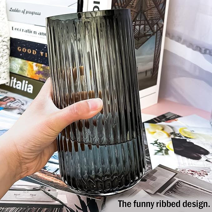 Muyan 7.5" Flower Vase for Decor Ribbed Glass Vase Modern for Centerpieces Desktop Home Office Dining Living Room Wedding (Gray)