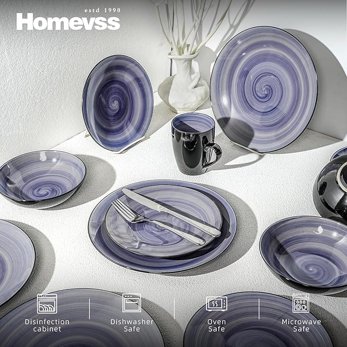 Sonoma Stoneware 16pc Dinnerware Set, Outside Black + Inside Hand Painting Color Cobalt