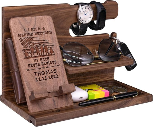 Phone Docking Station for Military Marineman - Handmade Unique Nightstand Organizer Present for Soldiers Veteran - Personalized Gift Ideas for Dad, Husband on Veteran's Day, Military Appreciation