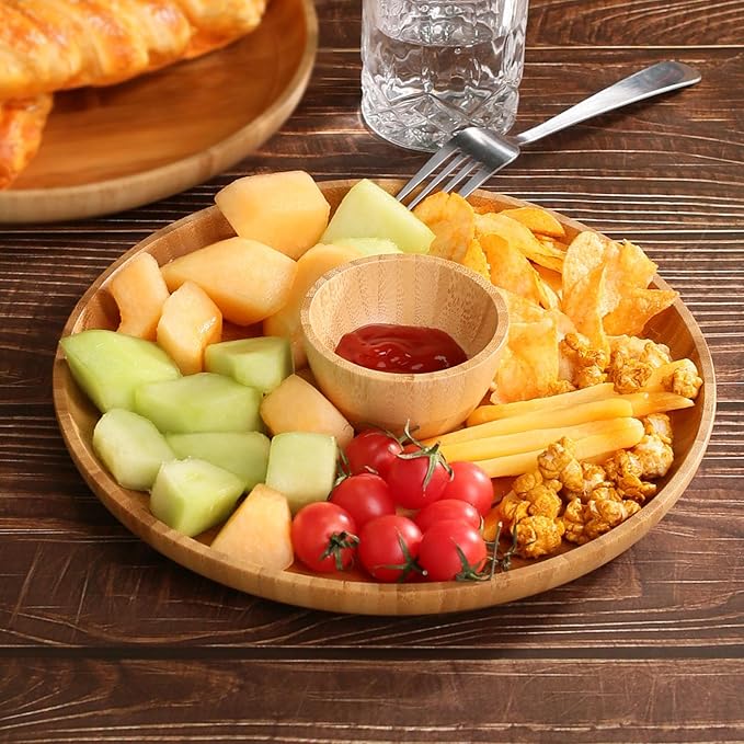 Bamboo Wooden Dinner Plates Set of 2, 10 inch Decorative Serving Tray for Coffee Table and Home Decor, Round Serving Platters and Trays for Pasta/Fruit/Charcuterie, Reusable Charger Plates