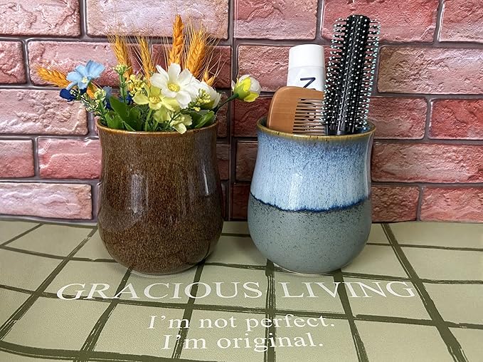 Medium Ceramic Kitchen Utensil Holder for Kitchen Counter Short Cooking Utensil Holder for Countertop Spatula Holder Small Utensil Crock Cutlery Holder Silverware Caddy Flower Vase (Retro Coast Beach)