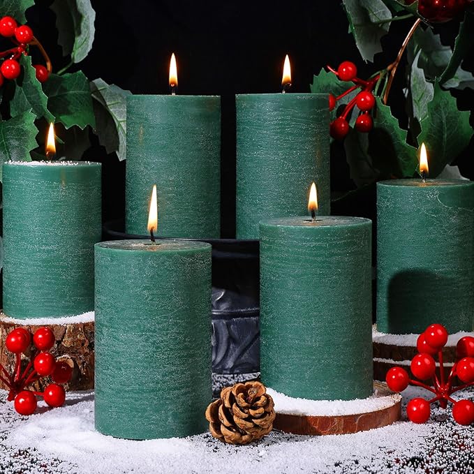 6 Pack Soy Green Pillar Candles,Natural Soybean Pillar Candles,55 H Long Burning,Unscented,Dripless and Smokeless Green Hand-poured Candles Dinner Table for Christmas,Wedding,Rustic Home Decor 2.8x4in