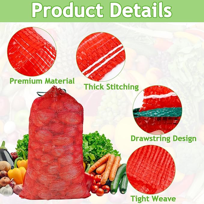 100 Pack Mesh Onion Bags, 31'' x 20'' Extra Large Mesh Produce Bags, Reusable Breathable Vegetable Storage Bag, Net Bag with Drawstring for Onions Potatoes Citrus Crawfish