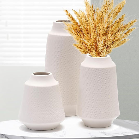 Ceramic Vase Set of 3, Modern Multicolor Pattern Flower Vases for Home Decor, Office, Centerpieces, Boho Farmhouse Style (White)