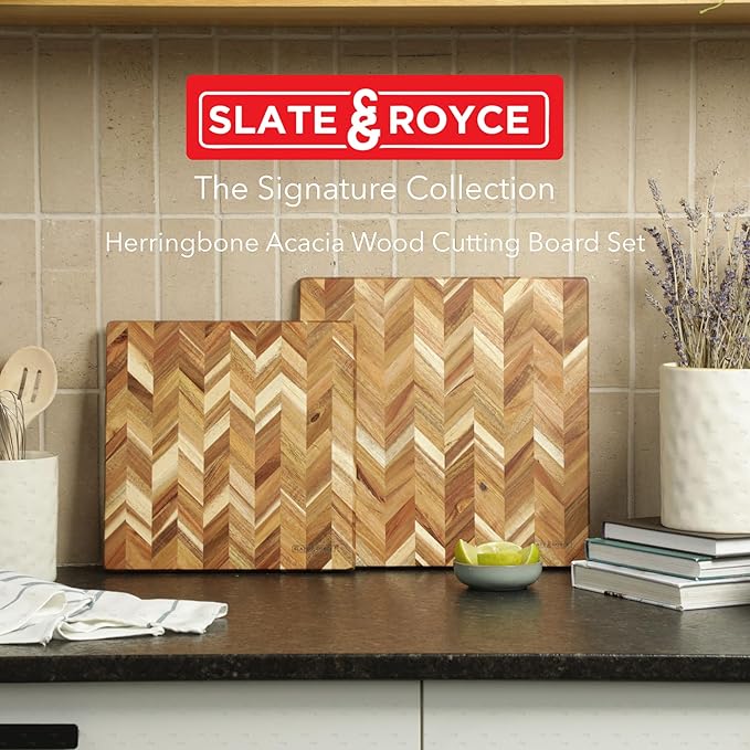 SLATE & ROYCE Acacia Wood Cutting Board Set of 2 - Herringbone Pattern Kitchen Boards - Large & Small Square Wooden Cutting Boards - Premium Charcuterie Boards - Serving Tray - With Gift Box