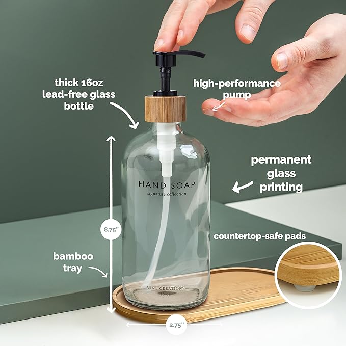 Vine Creations Clear Glass Soap Dispenser Set, Hand Soap and Dish Soap Dispenser Set with Bamboo Tray, 16 oz Glass Dispensers Bottle for Kitchen and Bathroom Decor Modern Boho with Bamboo Pump (Clear)