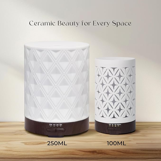 Earnest Living Essential Oil Diffuser for Home White Ceramic 100ml Aromatherapy Diffuser with 4 Timers 7 Night Lights and Auto Off Function (no Beep!) for Essential Oils Version 2