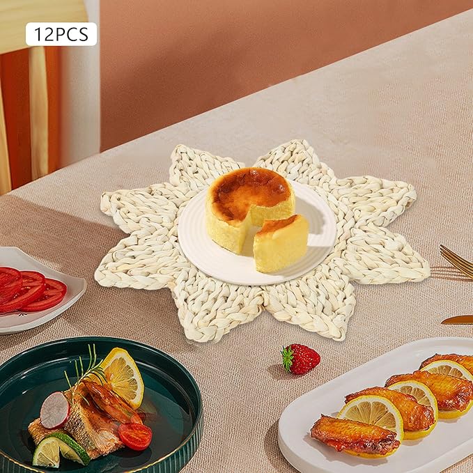 12pcs Corn Husk Placemats Placemats, Boho Wovean Rattan Table Mats, Farmhouse Wicker Spring P lacemats for Restaurant Dining Table Dessert Shops Coffee Shops 11.81in Polygonal Star