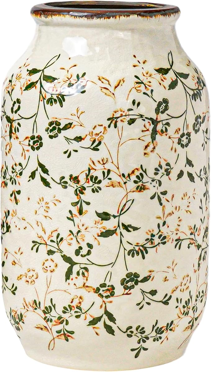 White and Green Vintage Vase, Chinoiserie Floral Vases for Flowers, Rustic Farmhouse Ceramic Vase for Home Decor, Living Room, Shelf, Office, Vintage Room Decor, 9 inch
