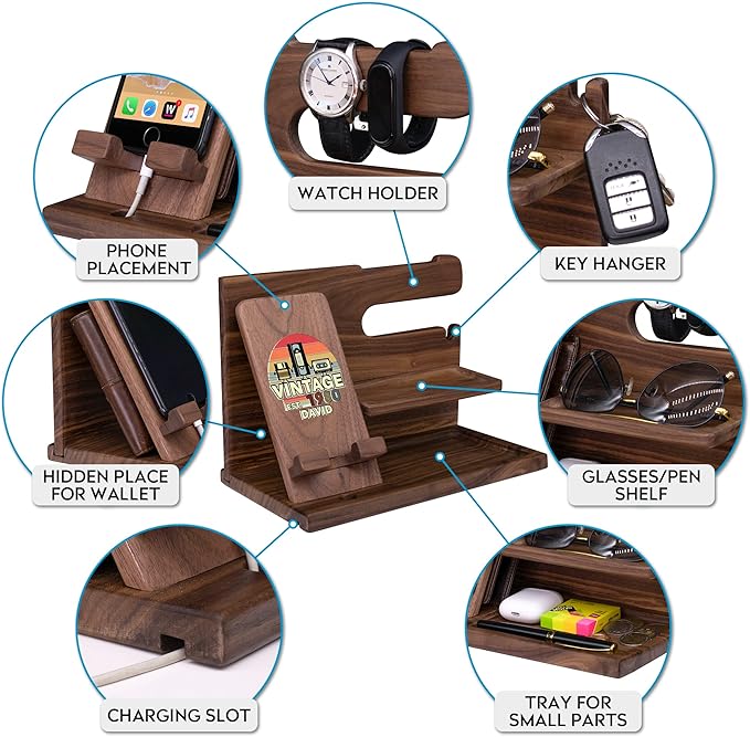 Phone Docking Station for Men's Birthday - Handmade Unique Nightstand Organizer for His Accessories - Personalized Gift Ideas for Dad, Grandpa, Husband, Boyfriend on Fathers Day, Anniversary Day