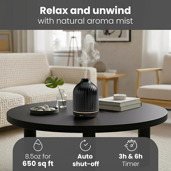 MALMØ Ceramic Diffuser (250ml) - Essential Oil Diffuser Black - Aromatherapy Diffuser - Non Toxic Oil Diffuser for Home