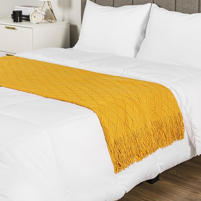 PAVILIA Mustard Yellow Knit Throw Blanket for Couch, Twin Bed, Soft Knitted Farmhouse Sofa Throw for Living Room, Lightweight Decorative Fall Blanket for Chair, Outdoor Textured Boho Blanket, 60x80