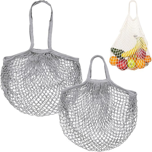2-Pack Cotton Mesh Bag, Reusable Washable Mesh Net String Grocery Bags, Reusable Produce Bags with Handle, Net Tote Bag for Fruits/Vegetables Shopping [Gray, Long&Short Handle]