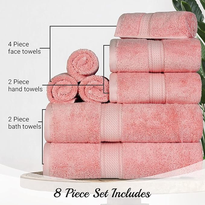 BLUENILEMILLS Madison Egyptian Cotton Towels, Towel Set for Bathroom, Shower, Hotel, Plush, 900 GSM, Highly Absorbent and Ultra-Soft Towels, Bath Essentials, 8 Piece Assorted Towel Set, Tea Rose