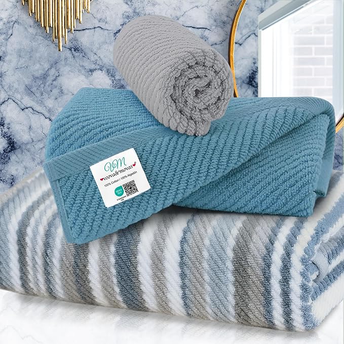 VOOVA & MOVAS Towel Set for Bathroom - 100% Cotton, Quick Dry, Thick, 3 Piece Towel Set, 1 Stripe Large Bath 30"x54", 1 Blue Hand 18"x28",1 Grey Washcloth 13"x13", Bathroom Essentials