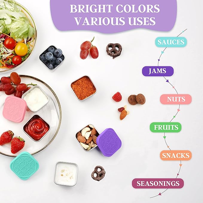 6x2.7 Oz Salad Dressing Container to Go,Handy Leakproof Stainless Steel Meal Prep Containers Reusable,Sauce Containers for Lunch Box, Picnics, Travel, Office and Kitchen Storage-Square