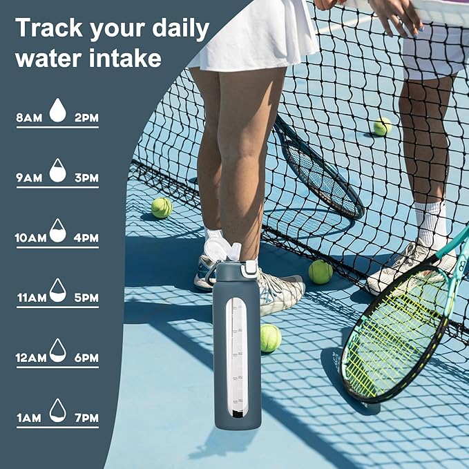 24 oz Glass Water Bottles with 2 Lids-Handle Spout Lid & Straw Lid, Motivational Water Bottle with Time Marker and Silicone Sleeve,Leakproof-Dark Blue-1 Pack