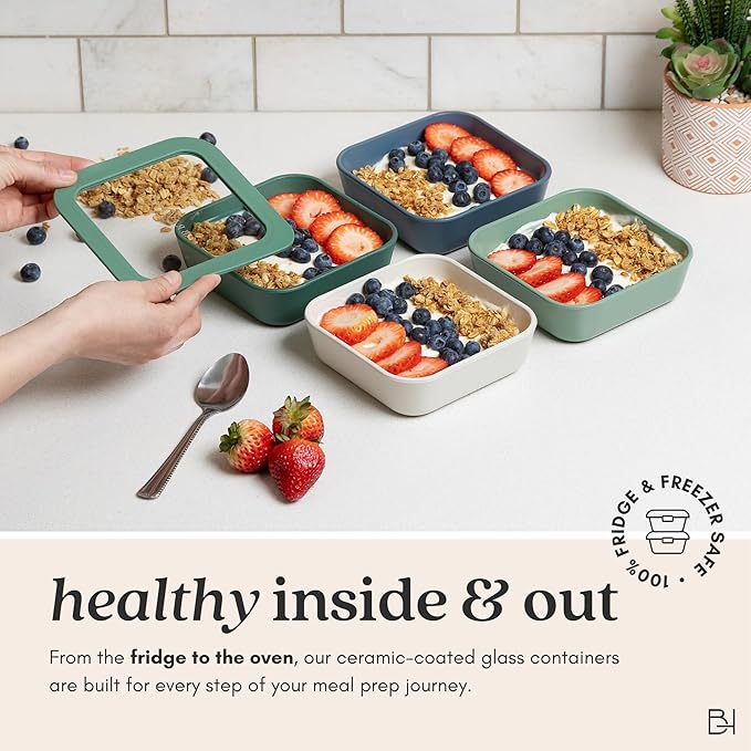 Ceramic Coated Glass Food Storage Containers | No PTFE, PFOA, PFAS, and BPA | Reusable Non Toxic Meal Prep Containers with Glass Lids | Easy To Store | 10 Piece Set [Willow]