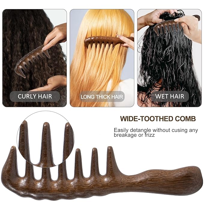 Wooden Wide Tooth Comb, 2 Pack Large Thicken Natural Sandalwood Hair Combs for Curls, Women and Men, Detangles Long Thick Wet or Dry Hair, Head Scalp Massager, Anti-static (Golden Sandalwood)
