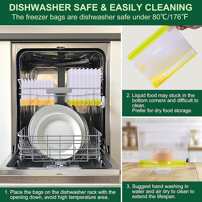 SPLF 8 Pack Stand-Up Reusable Half Gallon Freezer Bags Dishwasher Safe, Extra Thick Leakproof 1/2 Gallon Food Storage Bags, BPA Free Silicone for Meal Prep, Marinate, Veggies, Fridge Organization