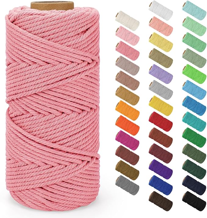 Macrame Cord 4mm x 109Yards (328Feet), Natural Cotton Macrame Rope - 4 Strands Twisted Macrame Cotton Cord for Wall Hanging, Plant Hangers, Crafts, Gift Wrapping and Wedding Decorations, Dark Pink