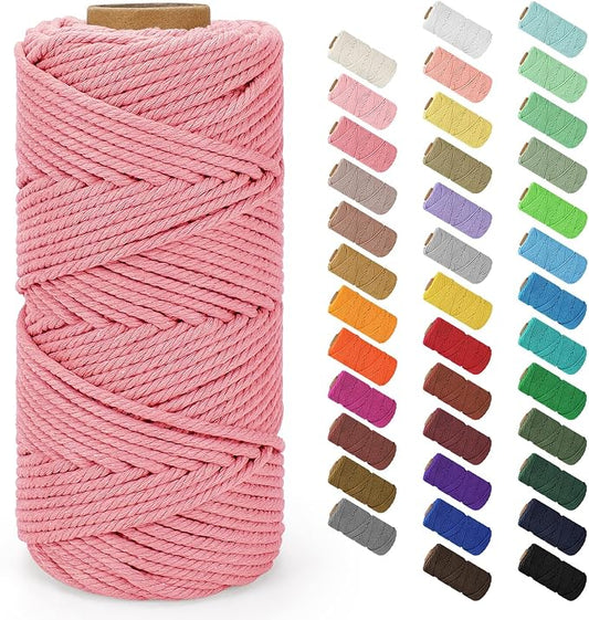 Macrame Cord 4mm x 109Yards (328Feet), Natural Cotton Macrame Rope - 4 Strands Twisted Macrame Cotton Cord for Wall Hanging, Plant Hangers, Crafts, Gift Wrapping and Wedding Decorations, Dark Pink
