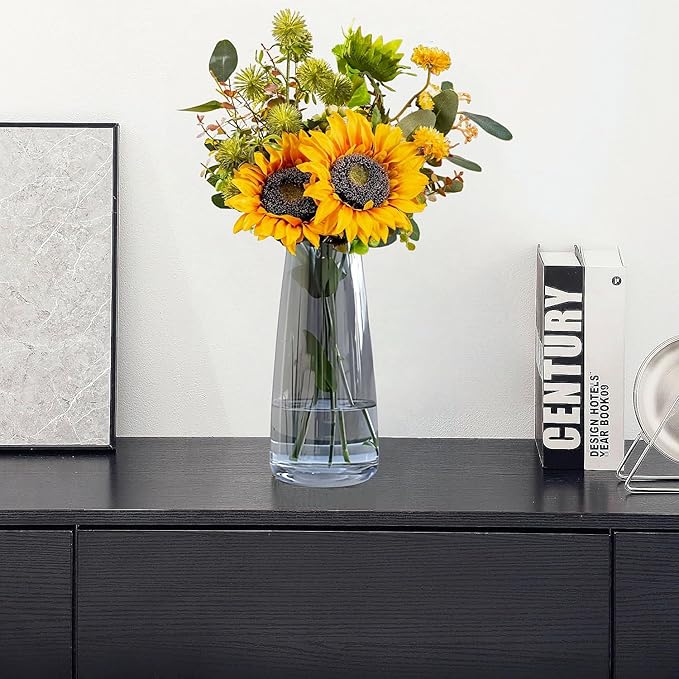 Crystal Clear Glass Vase, Flower Vase for Table Centerpiece Home Decor, Modern Vases for Living Room, Wedding, Office, Coffee Table, Birthday Housewarming Gift, 8.3inch (Gray)