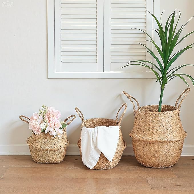 Set of 3 Woven Seagrass Belly Baskets with Handles, Natural Storage Basket Planters for Indoor Plants, Laundry, Picnic, Grocery and Home Decor
