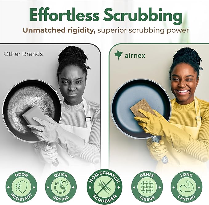 Plant Based Scouring Pads - Pack of 12 Coconut Husk Non Scratch Scrubbing Pads for Dishes - Multipurpose Dish Scrubbers for Cleaning - Heavy Duty Kitchen Scrub Pads for Dishes, Pots and Pans