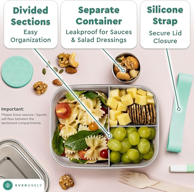 Everusely - Bento Box - Green, 37oz / 1.1 L - Stainless Steel Lunch Box with Leakproof Condiment Container - 3 Compartment Snack Organizer for On the Go Meals - Freezer & Dishwasher Safe