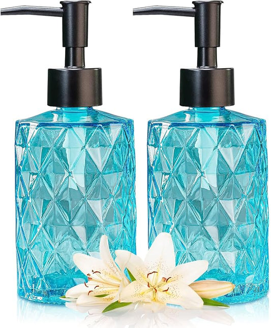 Clear Ocean Blue Glass Soap Dispenser with Plastic Pump, 2 Pack 12oz Diamond Design Bathroom Soap Dispenser for Hand Wash, Lotion Dispenser & Dish Soap Dispenser for Kitchen and Bathroom