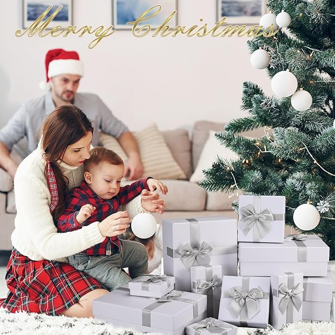 Tenceur 10 Pcs Gift Boxes with Lids Heavy Duty Nested Assorted Sizes Cardboard Gift Boxes for Presents with Ribbon for Xmas Holiday Present(White,5 Size)