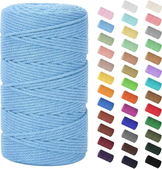 HOMEBOBO Macrame Cord 3mm x 220Yards (656Feet),Natural Cotton Macrame Rope - 4 Strands Twisted Macrame Cotton Cord for Wall Hanging,Plant Hangers,Crafts,Gift Wrapping and Wedding Decorations,Sky Blue