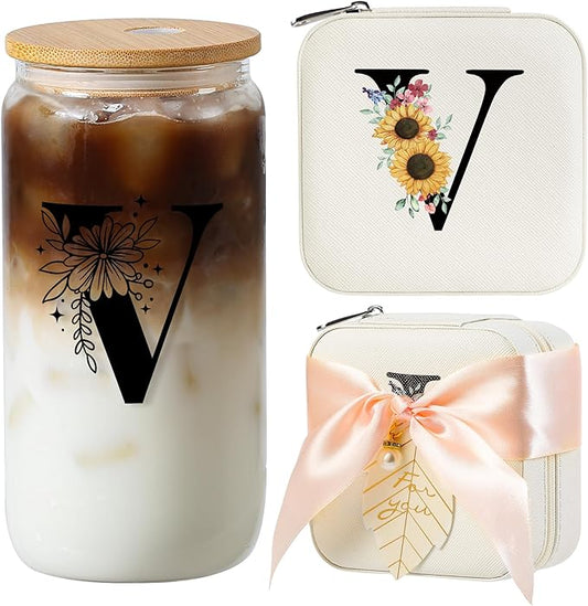 AYGXU Initial glass cups with lids and straws,Small Jewelry Box for Girls,Small Jewelry Organizer Box,Cute Tumbler Cup,Travel Gifts for Women,Travel Essentials, Initial V white