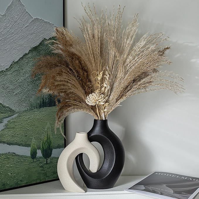 Black and Off-White Vases for Decor, Hollow Ceramic Vase Set of 2, Nordic Minimalist Aesthetic Snuggle Vases, for Table Centerpiece Dining Living Room Book Shelf Decoration (W 6.3" X H 8.4")