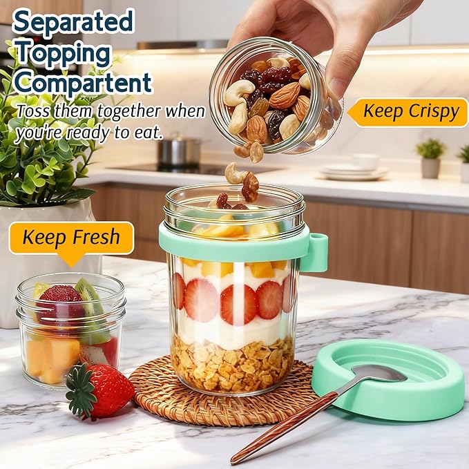 4 Pack Overnight Oats Containers with Lids, 20 oz (16+4) Dual-Layer Mason Jars Yogurt Parfait Cups with Lids, Leak-proof Meal Prep Containers Dry and Wet Separation for Overnight Oats, Salad, Yogurt
