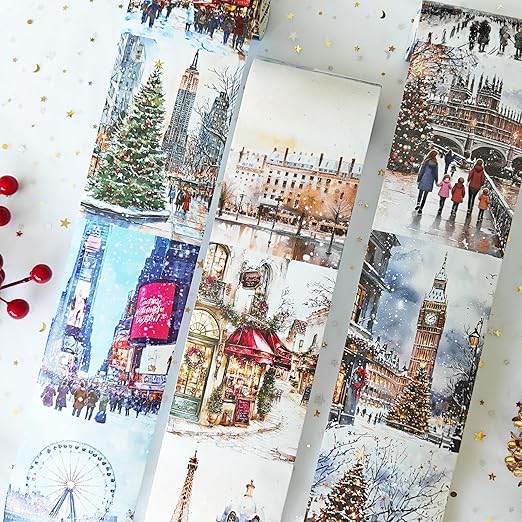Christmas Washi Tape Set,3 Rolls Christmas Stickers for Scrapbook Supplies,Large Size Landscape Washi Tape Stickers for Journaling,Junk Journal,Phone Case,Planner,DIY Craft(Paris)