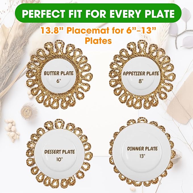 Handmade Round Woven Placemats Set of 6 – Natural Corn Husk Woven Place Mats – Heat Resistant, Non-Slip Wicker Table Mats – Rattan Round Placemats – for Dining, Weddings, Christmas & New Year Décor
