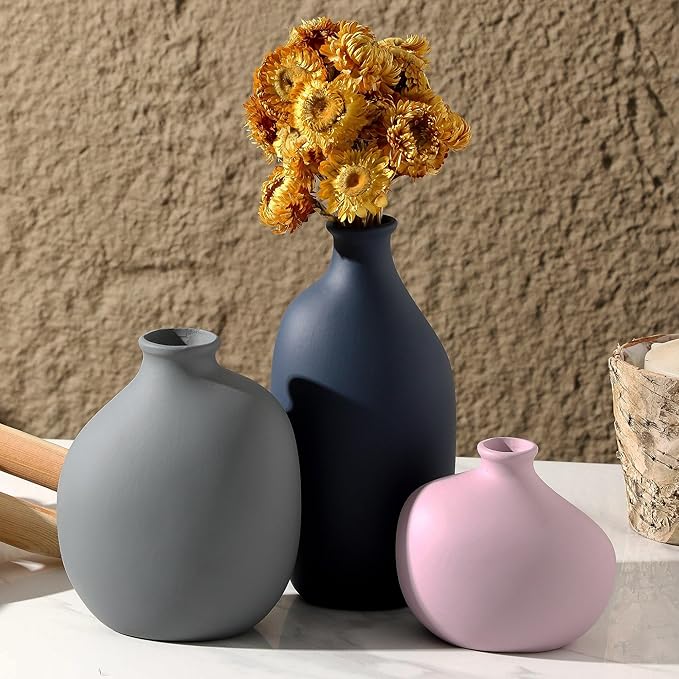 Ceramic Vase Set of 3,Decorative Vases Home Decor, Modern Boho Rustic Farmhouse Pottery Vases for Pampas Grass Dried Fresh Flowers,Bedroom,Living Room,Bookshelf, Mantel，Centerpiece Table Decor