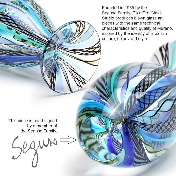 Ca D Oro Small Glass Vase Boho with Blue/Green Canes Hand Blown Murano-Style Art Glass - Model Nº 2