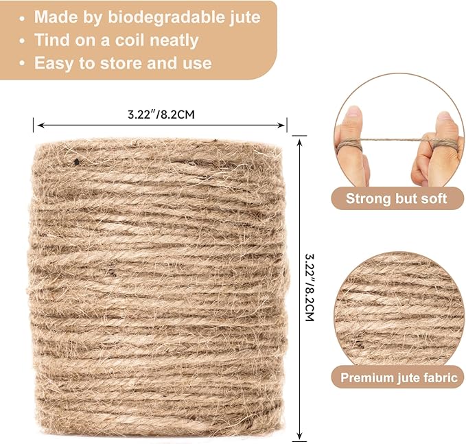 G2PLUS Natural Jute Twine, 3MM 328 Feet Thick Garden Twine String, 3 Ply Brown Heavy Duty Hemp Rope String for Gift Wrapping, DIY Arts & Crafts, Climbing Plants, Home Decor
