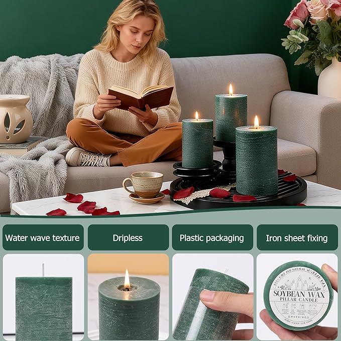 6 Pack Soy Green Pillar Candles,Natural Soybean Pillar Candles,55 H Long Burning,Unscented,Dripless and Smokeless Green Hand-poured Candles Dinner Table for Christmas,Wedding,Rustic Home Decor 2.8x4in