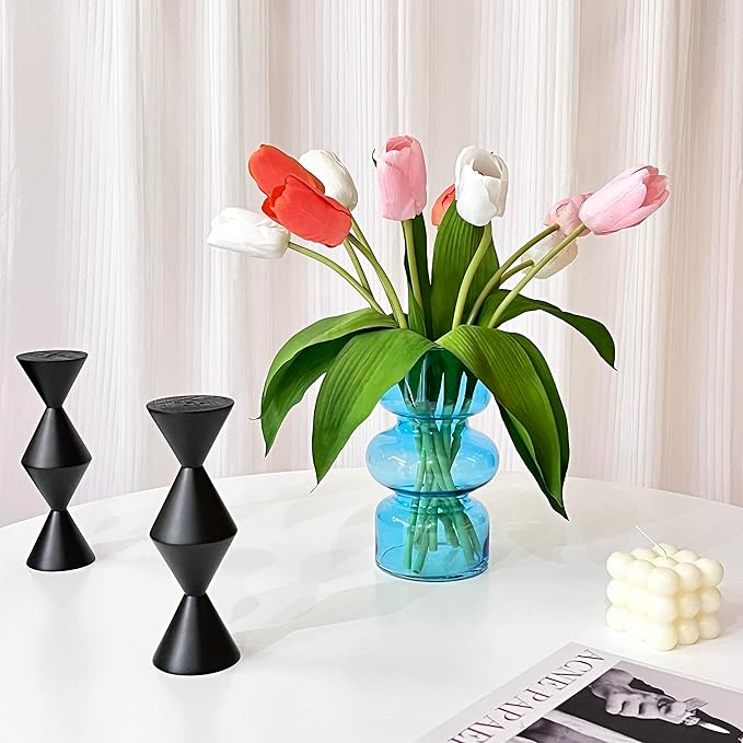 BLOFLO Blue Transparent Glass Hydroponic Vase, 7Inches Colored Glass Vase for Flower, Modern Geometric Three-Layer Floral Vases for Home Office Wedding Table Décor(Blue)