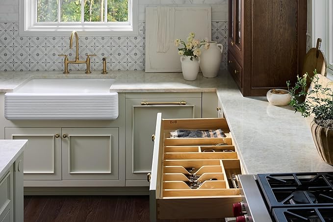 Rev-A-Shelf Trim-to-Fit Silverware Drawer Organizer For Kitchen Utensils, Cutlery Cabinet Storage Divider Insert, 33" x 22", Maple Wood, 4WUTCT-36-1